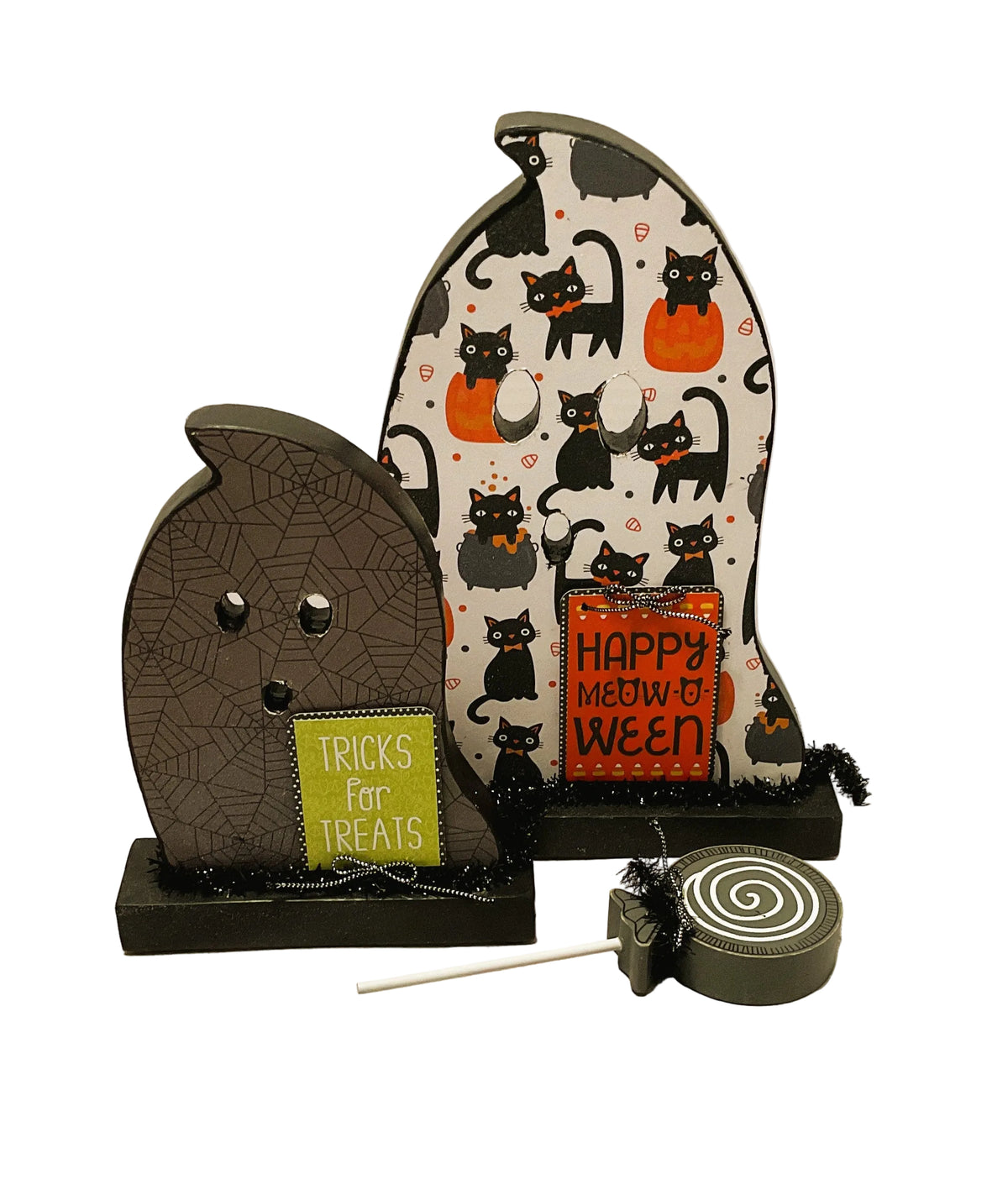 AGSD Halloween Decor - Decoupage Reversible Wood Kitty Cat Ghosts LG 2pc Set
