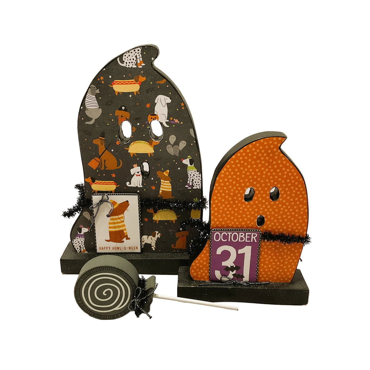 AGSD Halloween Decor - Decoupage Reversible Wood Puppy Dog Ghosts LG 2pc Set