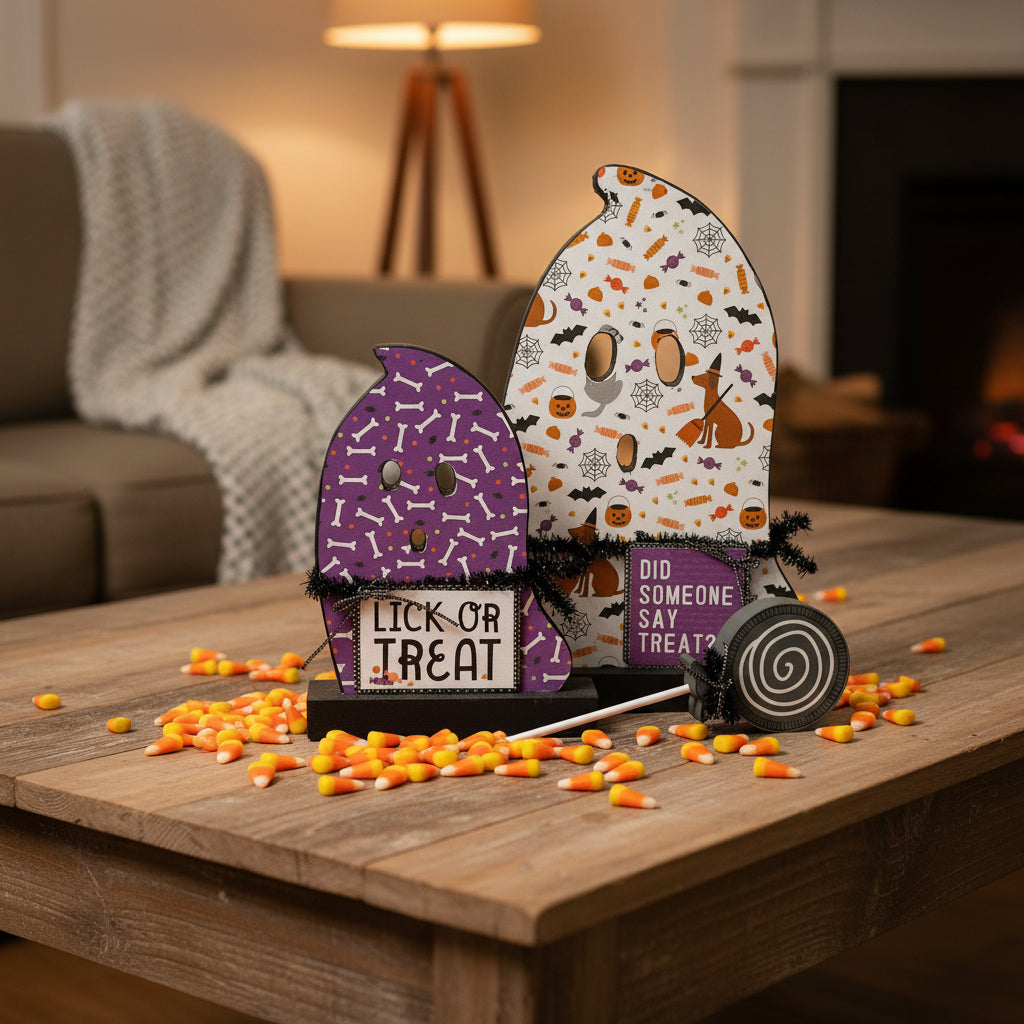 AGSD Halloween Decor - Decoupage Reversible Wood Puppy Dog Ghosts LG 2pc Set