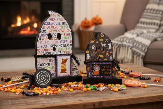 AGSD Halloween Decor - Decoupage Reversible Wood Pet Theme Ghosts 2pc Set