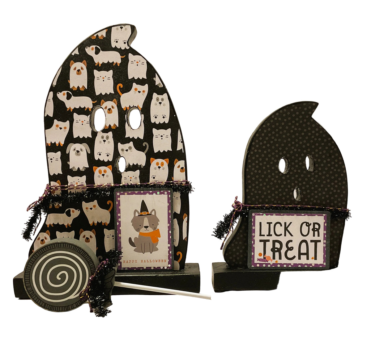 AGSD Halloween Decor - Decoupage Reversible Wood Pet Theme Ghosts 2pc Set