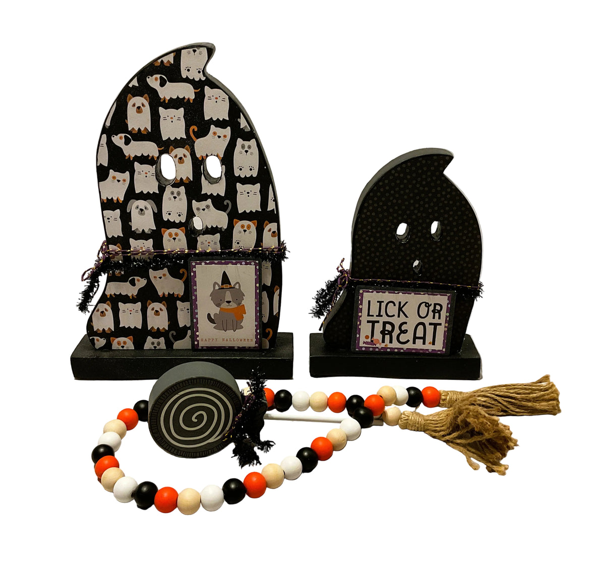 AGSD Halloween Decor - Decoupage Reversible Wood Pet Theme Ghosts 2pc Set