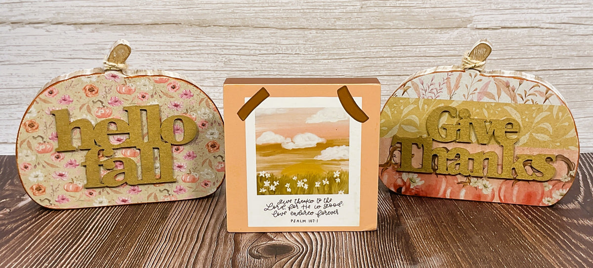 AGSD Fall Decor - Rose Gold Watercolor Pink Chunky Wood Pumpkins 3pc Set