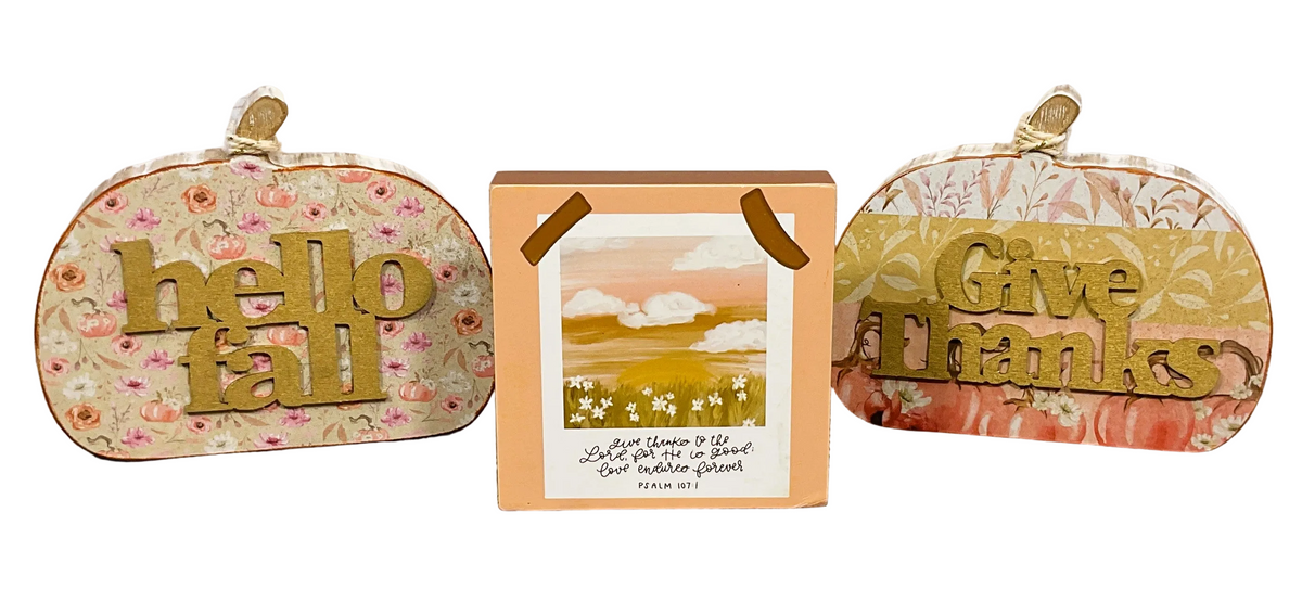 AGSD Fall Decor - Rose Gold Watercolor Pink Chunky Wood Pumpkins 3pc Set