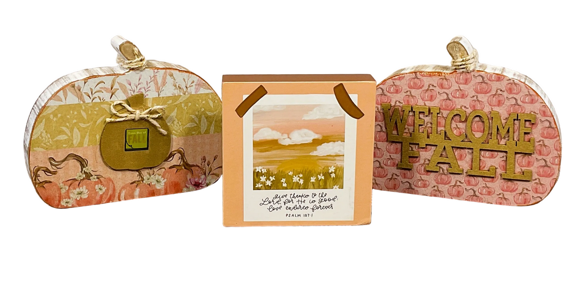AGSD Fall Decor - Rose Gold Watercolor Pink Chunky Wood Pumpkins 3pc Set