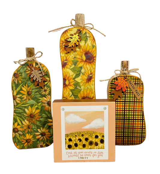 AGSD Fall Decor - Sunflower Skinny Chunky Wood Pumpkin Sitters 4pc Set