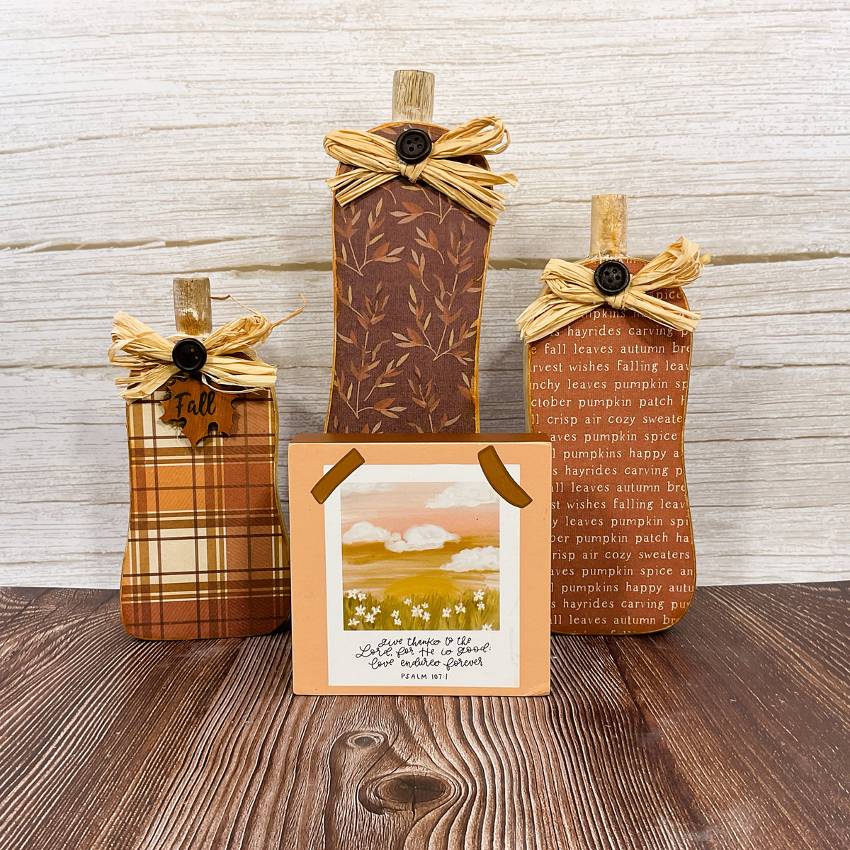 AGSD Fall Decor - Raffia Autumn Skinny Wood Pumpkin Sitters 4pc Set
