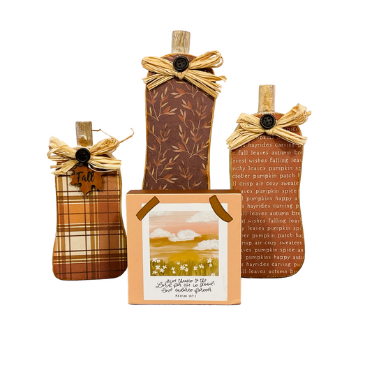 AGSD Fall Decor - Raffia Autumn Skinny Wood Pumpkin Sitters 4pc Set