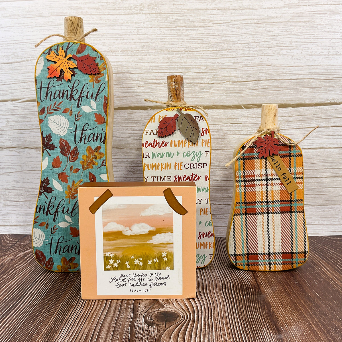 AGSD Fall Decor - Hello Fall Blue Rust Skinny Wood Pumpkin Sitters 4pc Set