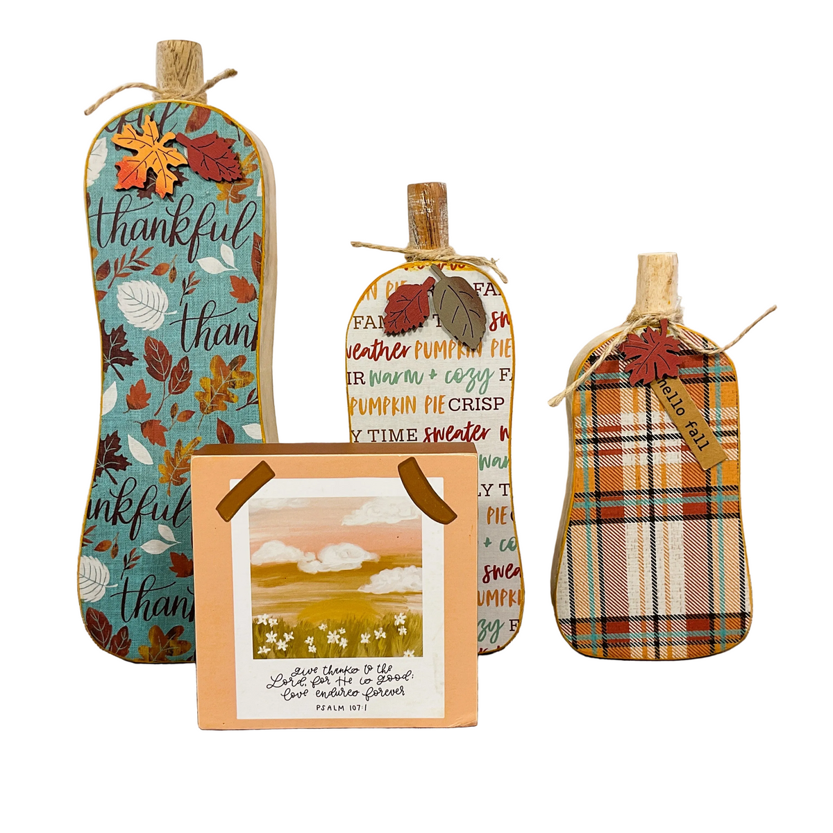 AGSD Fall Decor - Hello Fall Blue Rust Skinny Wood Pumpkin Sitters 4pc Set