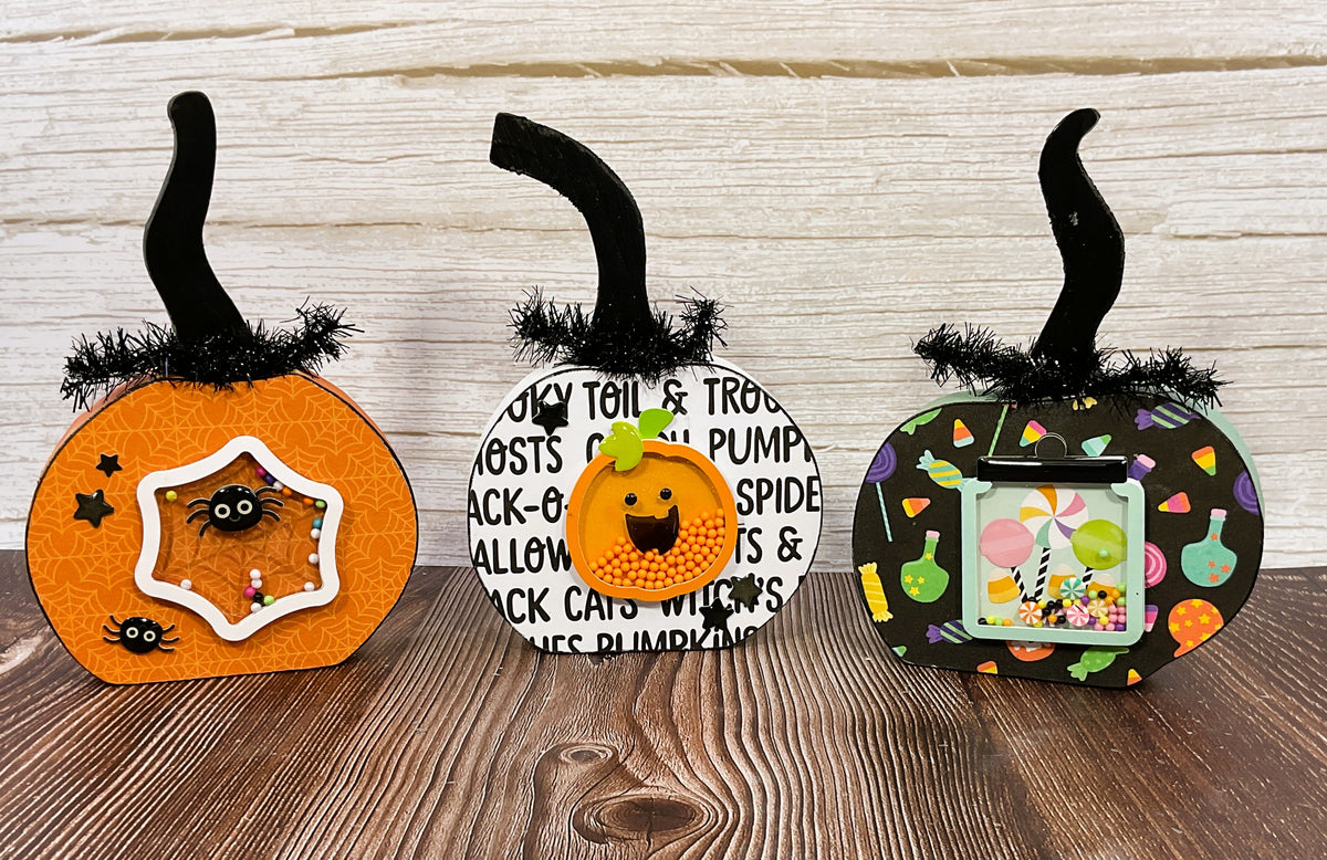 AGSD Halloween Decor - Whimsy Cute Orange White Green Pumpkins 3pc Set