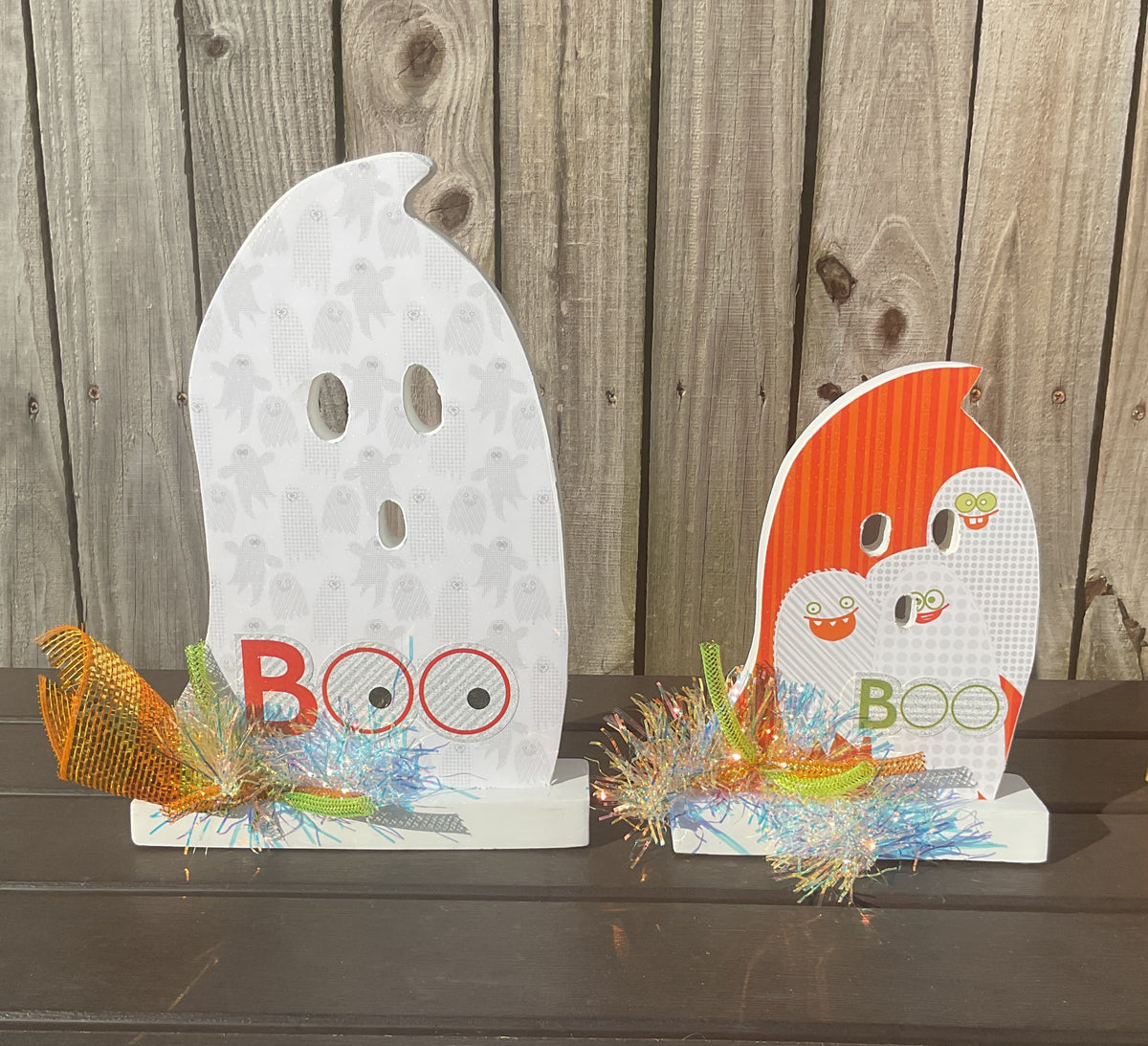 AGSD Halloween Decor - Decoupage Wood Orange Green BOO Ghosts LG 2pc Set
