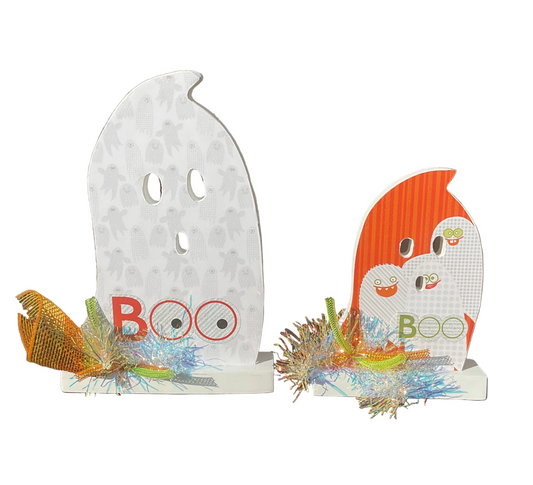 AGSD Halloween Decor - Decoupage Wood Orange Green BOO Ghosts LG 2pc Set