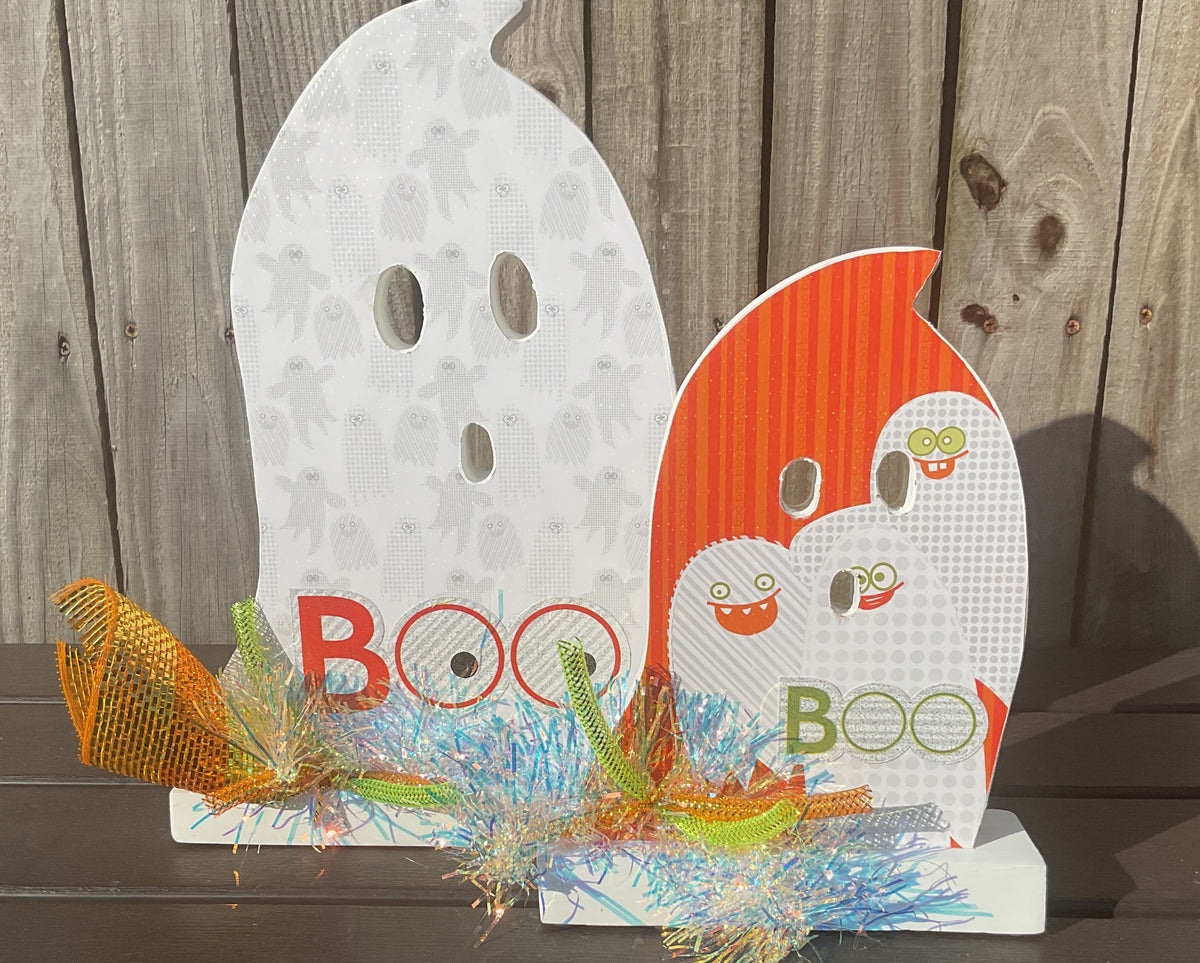 AGSD Halloween Decor - Decoupage Wood Orange Green BOO Ghosts LG 2pc Set
