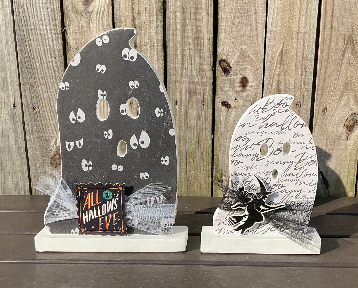 AGSD Halloween Decor - Decoupage Wood Black White Ghosts LG 2pc Set