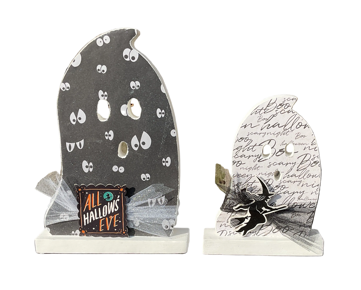 AGSD Halloween Decor - Decoupage Wood Black White Ghosts LG 2pc Set