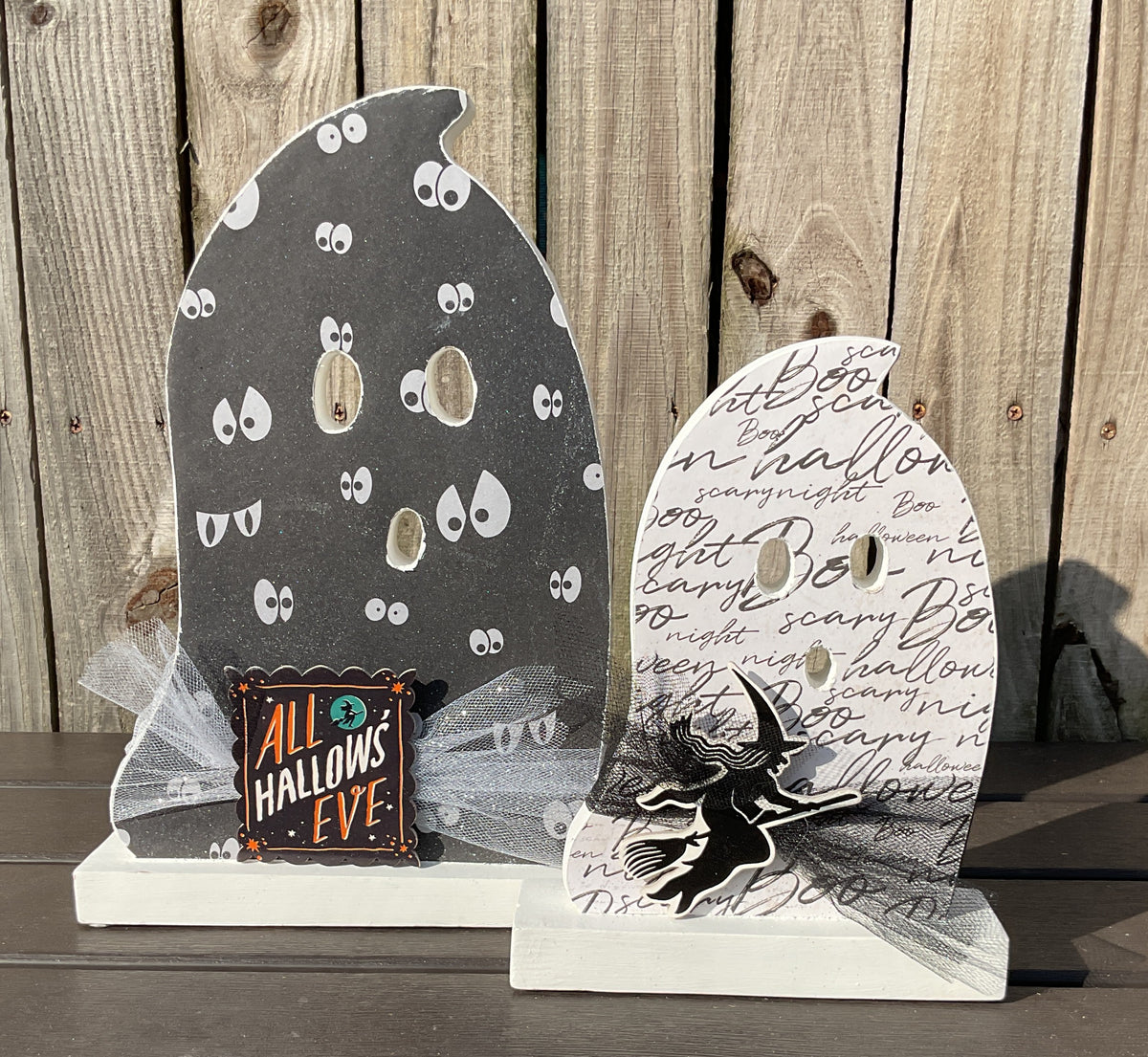 AGSD Halloween Decor - Decoupage Wood Black White Ghosts LG 2pc Set