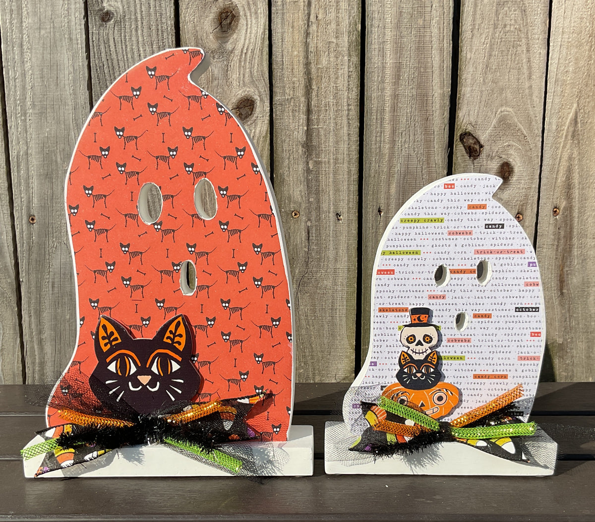 AGSD Halloween Decor - Decoupage Wood Black Cat Ghosts LG 2pc Set
