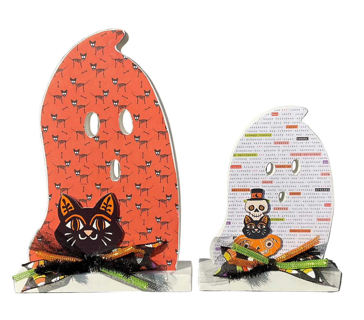 AGSD Halloween Decor - Decoupage Wood Black Cat Ghosts LG 2pc Set