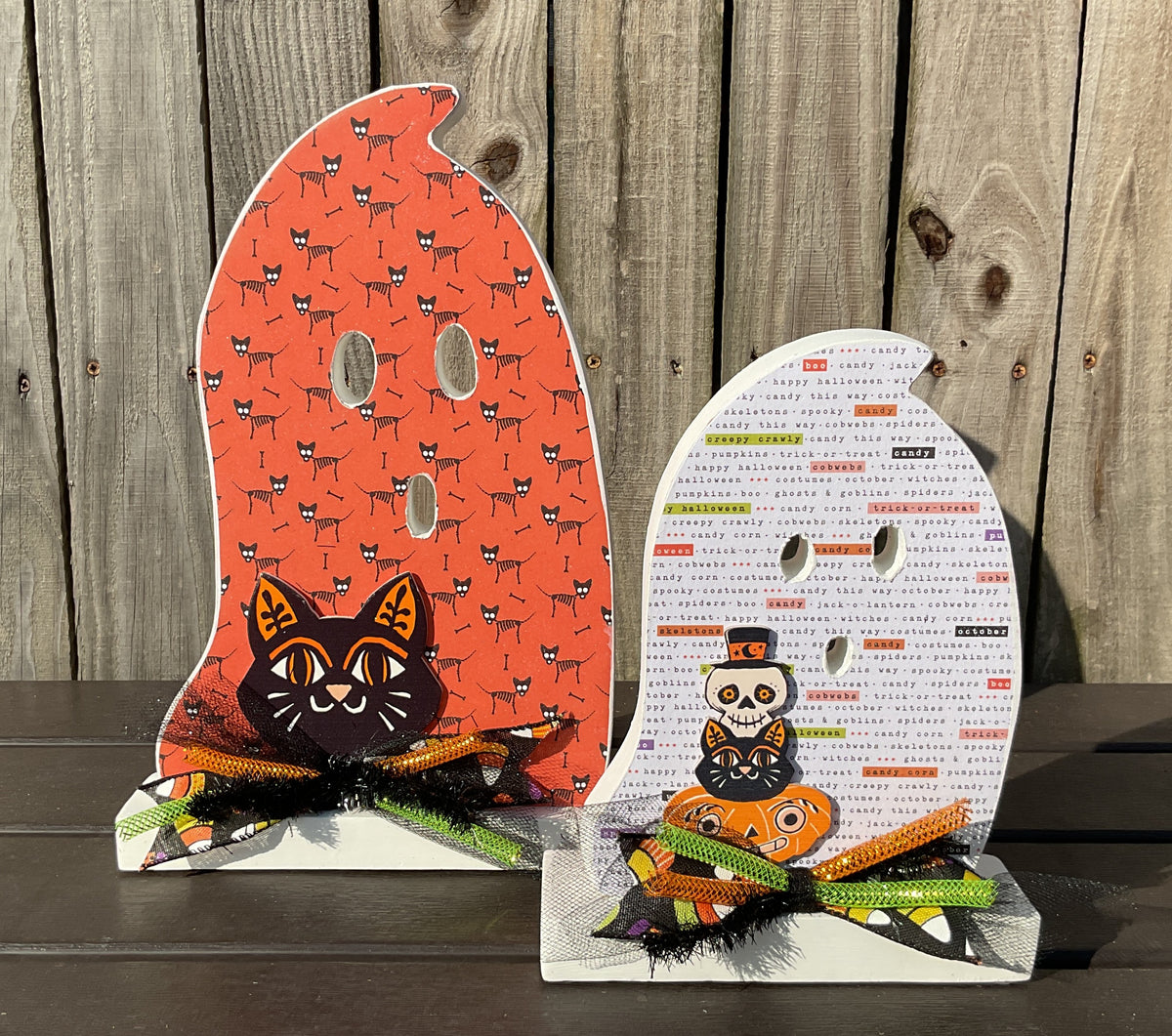 AGSD Halloween Decor - Decoupage Wood Black Cat Ghosts LG 2pc Set