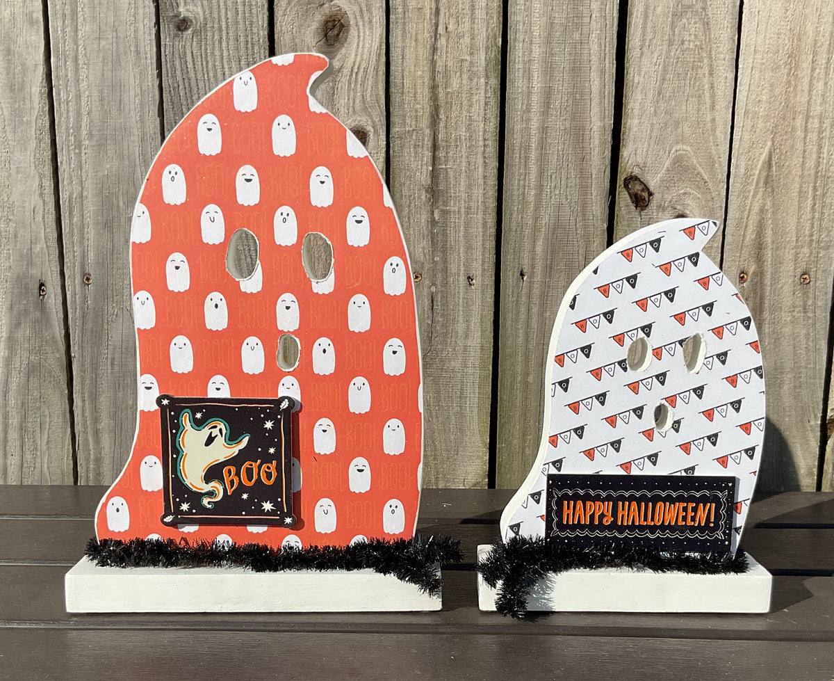 AGSD Halloween Decor - Decoupage Wood Orange White Boo Ghosts LG 2pc Set
