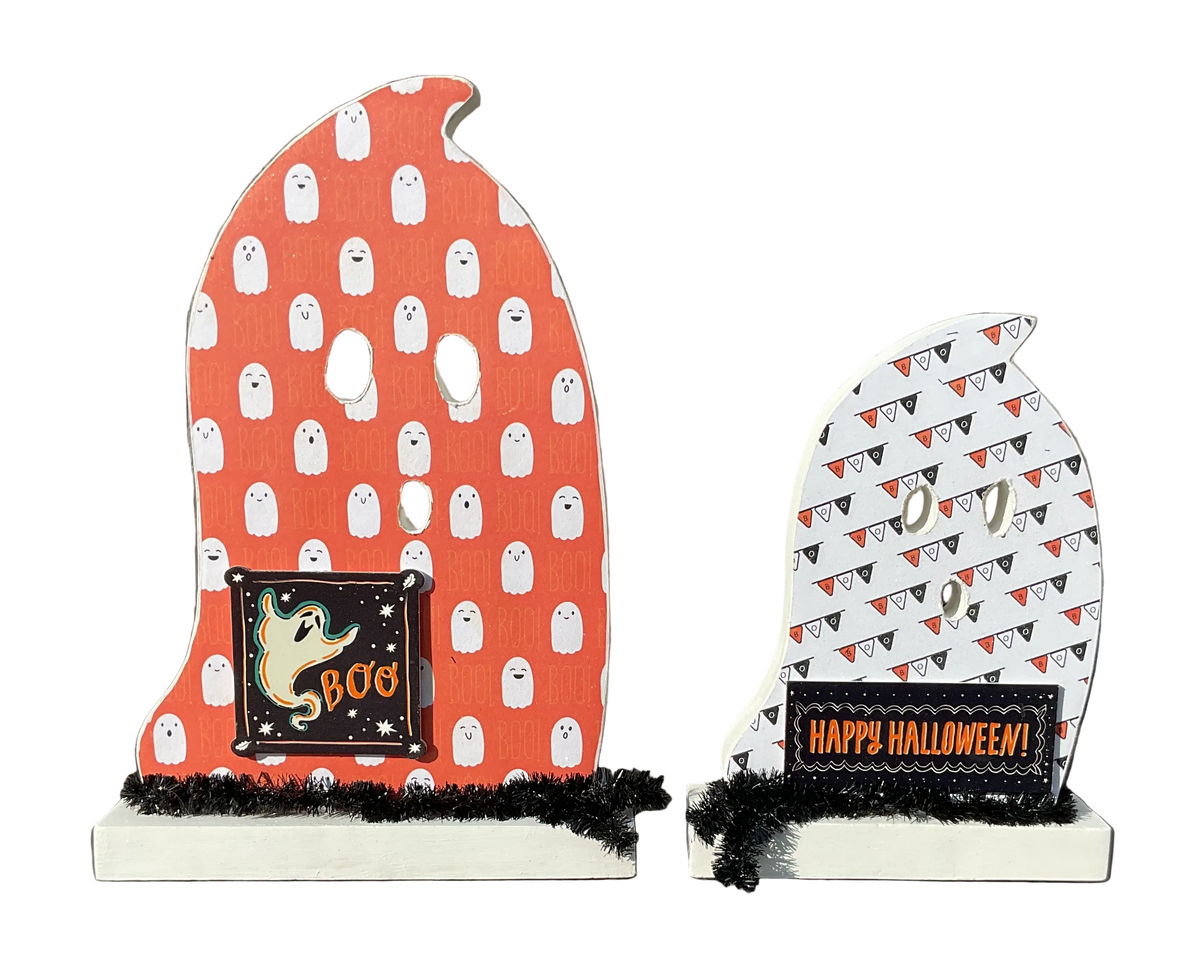AGSD Halloween Decor - Decoupage Wood Orange White Boo Ghosts LG 2pc Set