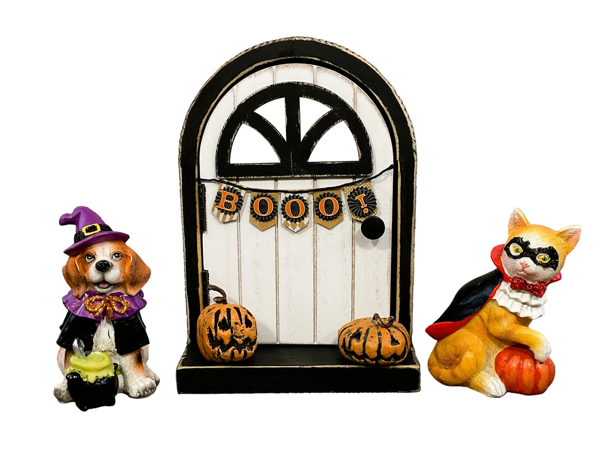 AGSD Halloween Decor - Resin Dog Cat Resin Figurine & Fairy Garden Door