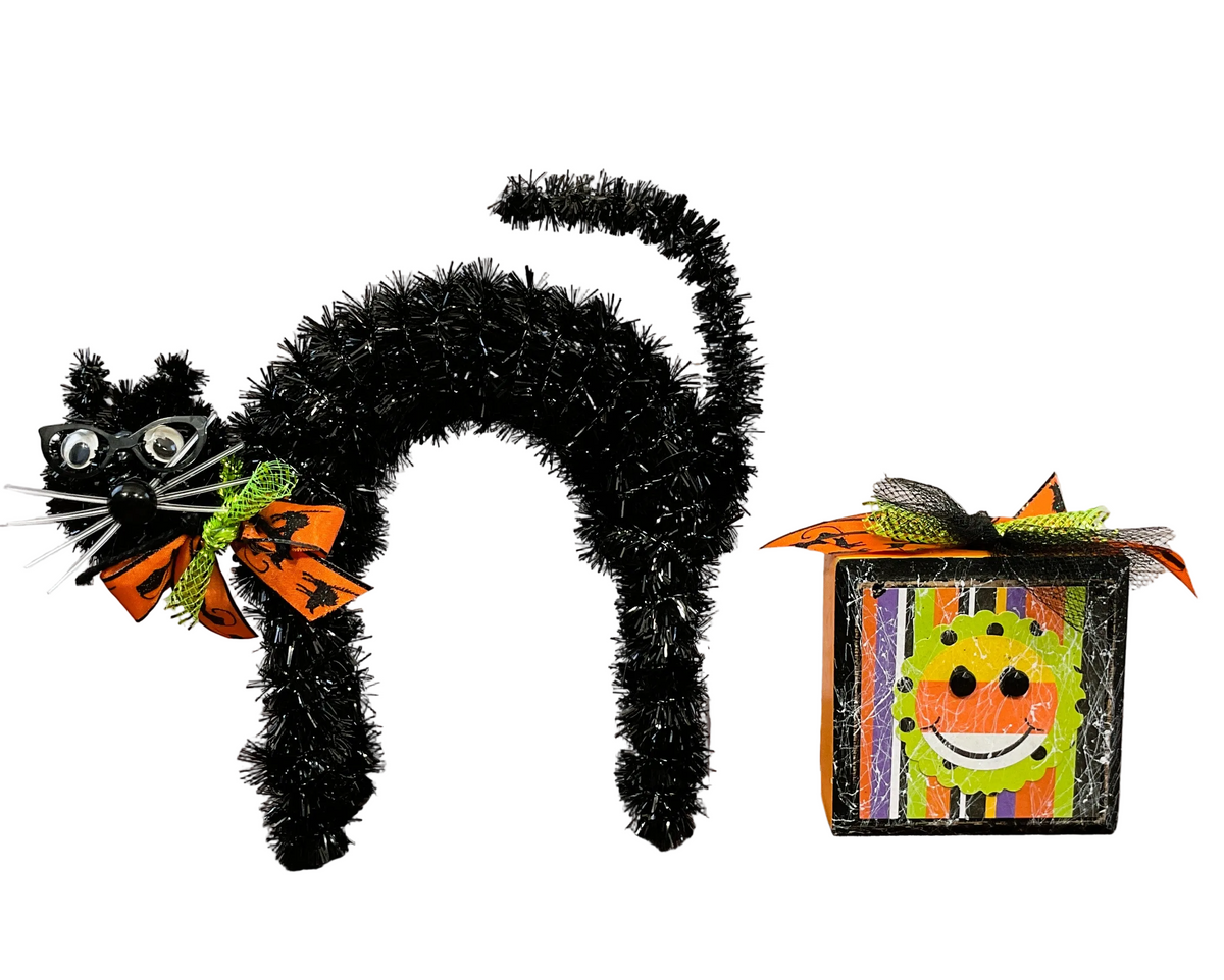 AGSD Halloween Decor - Small Tinsel Black Cat Happy Face Sign Tier Tray 2pc Set