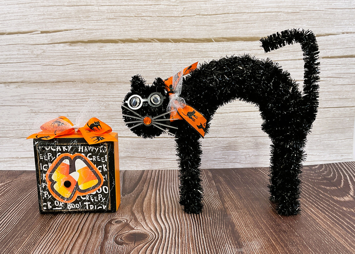 AGSD Halloween Decor - Small Tinsel Black Cat Candy Corn Sign Tier Tray 2pc Set