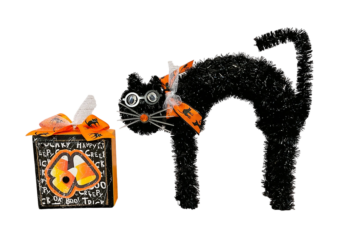AGSD Halloween Decor - Small Tinsel Black Cat Candy Corn Sign Tier Tray 2pc Set