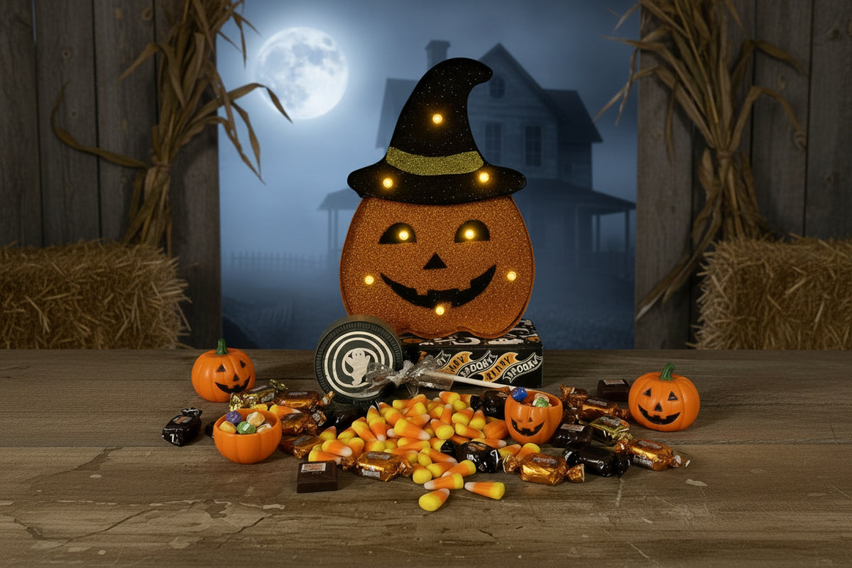 AGSD Halloween Decor - LED Light Marquee Pumpkin Sign Stand and Lollipop 3pc