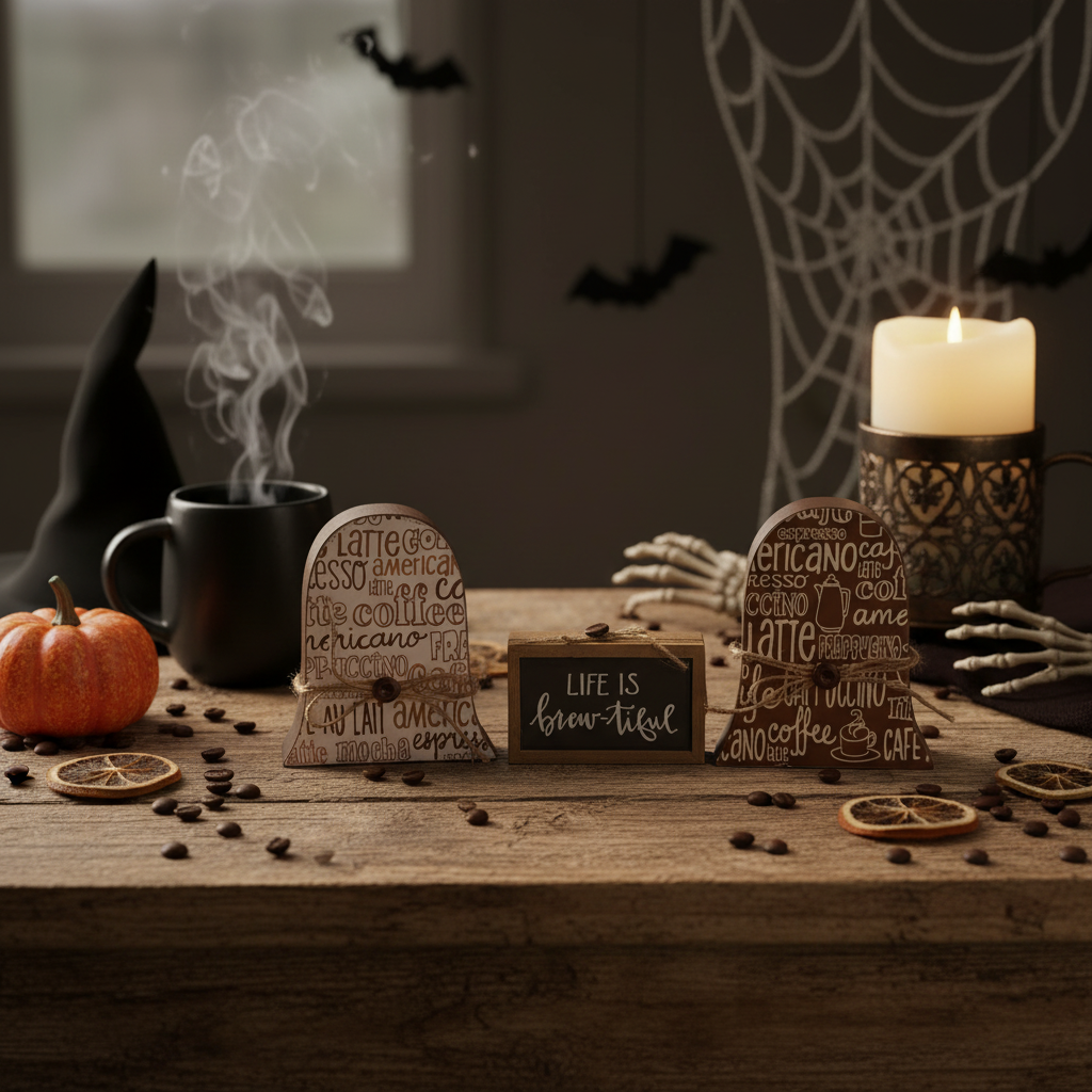 AGSD Halloween Decor - Ghost Latte Coffee Bar Theme Tier Tray Decor 3pc Set