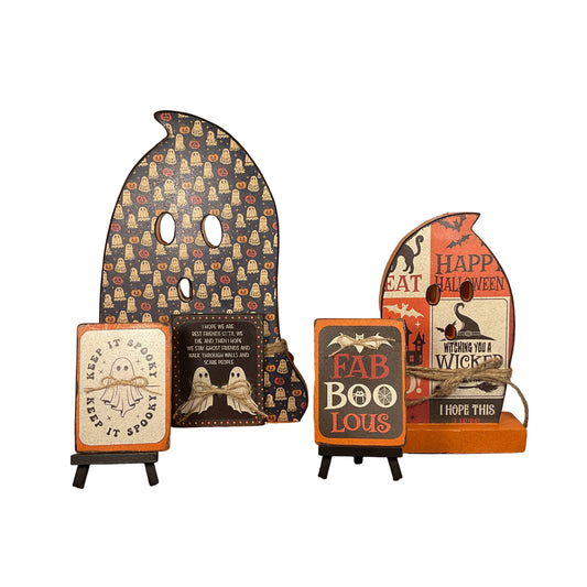 AGSD Halloween Decor - Boo Eek Decoupage Wood Ghosts LG & Signs 4pc Set