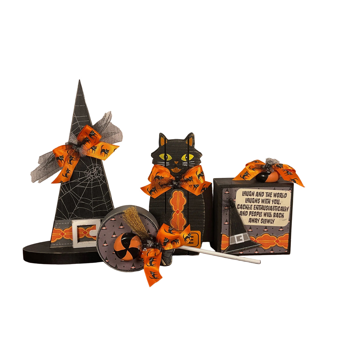 AGSD Halloween Decor - Witch Hat Black Cat Candy Lollipop and Sign 4pc Set