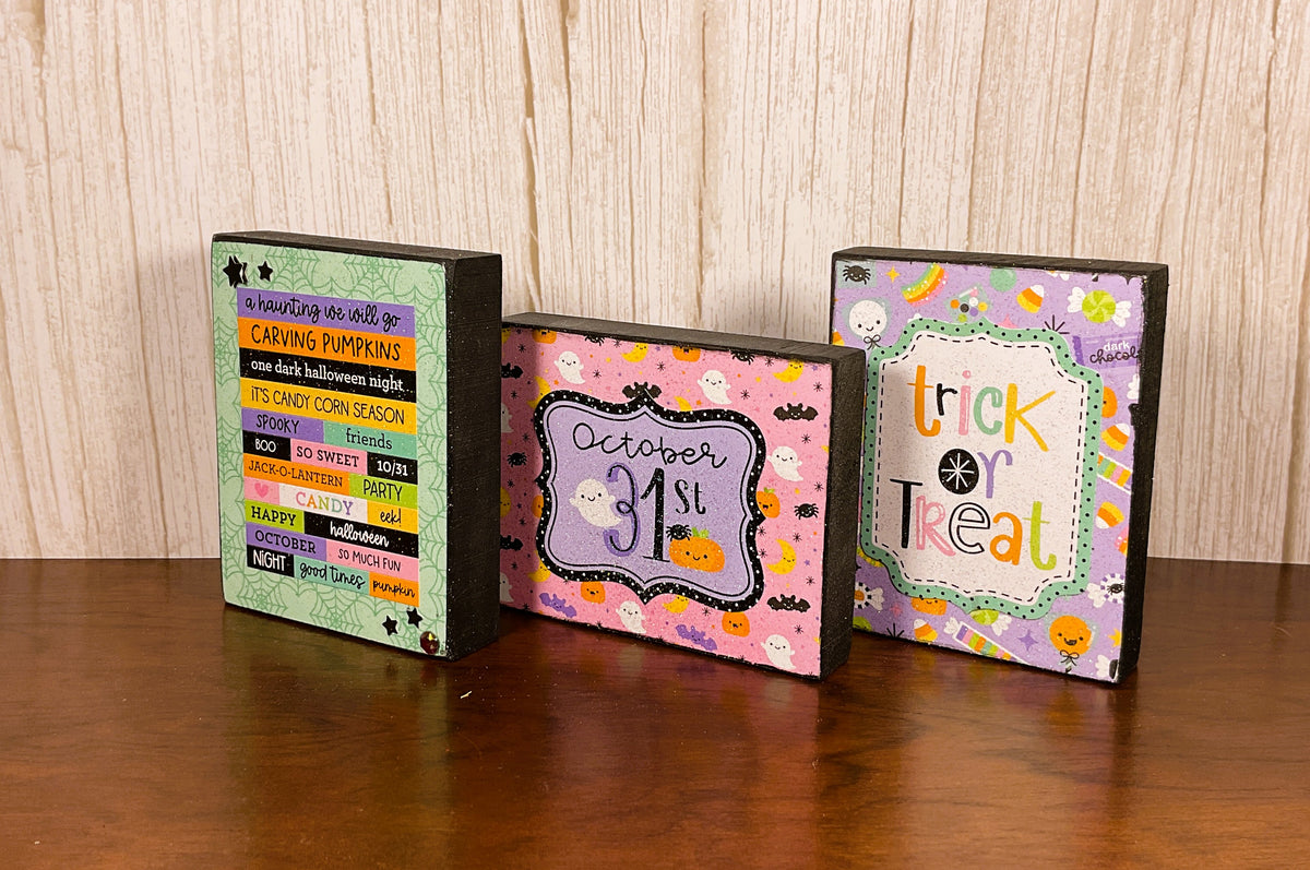 AGSD Halloween Decor - Trendy Pink Cute Candy Theme Tier Tray Block Signs