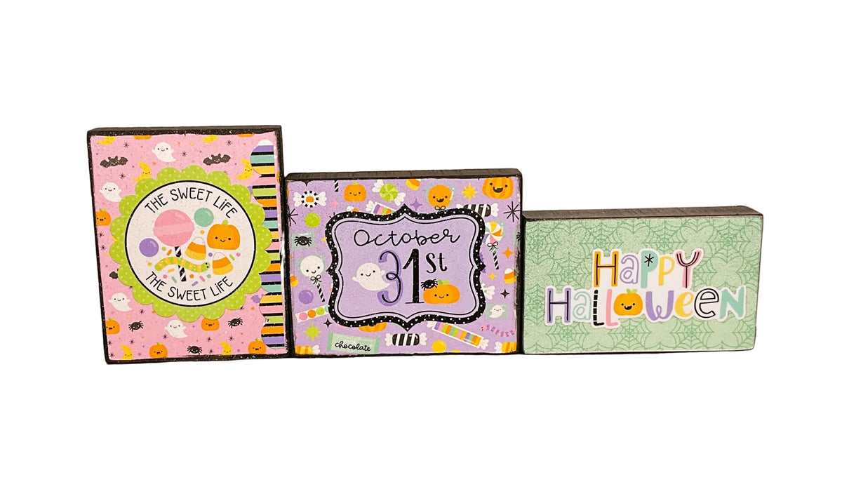 AGSD Halloween Decor - Trendy Pink Cute Candy Theme Tier Tray Block Signs