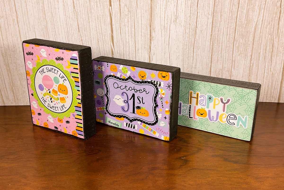 AGSD Halloween Decor - Trendy Pink Cute Candy Theme Tier Tray Block Signs