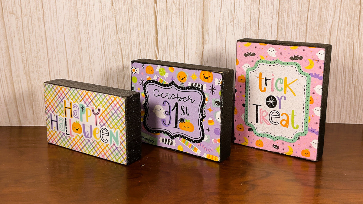 AGSD Halloween Decor - Trendy Pink Cute Candy Theme Tier Tray Block Signs