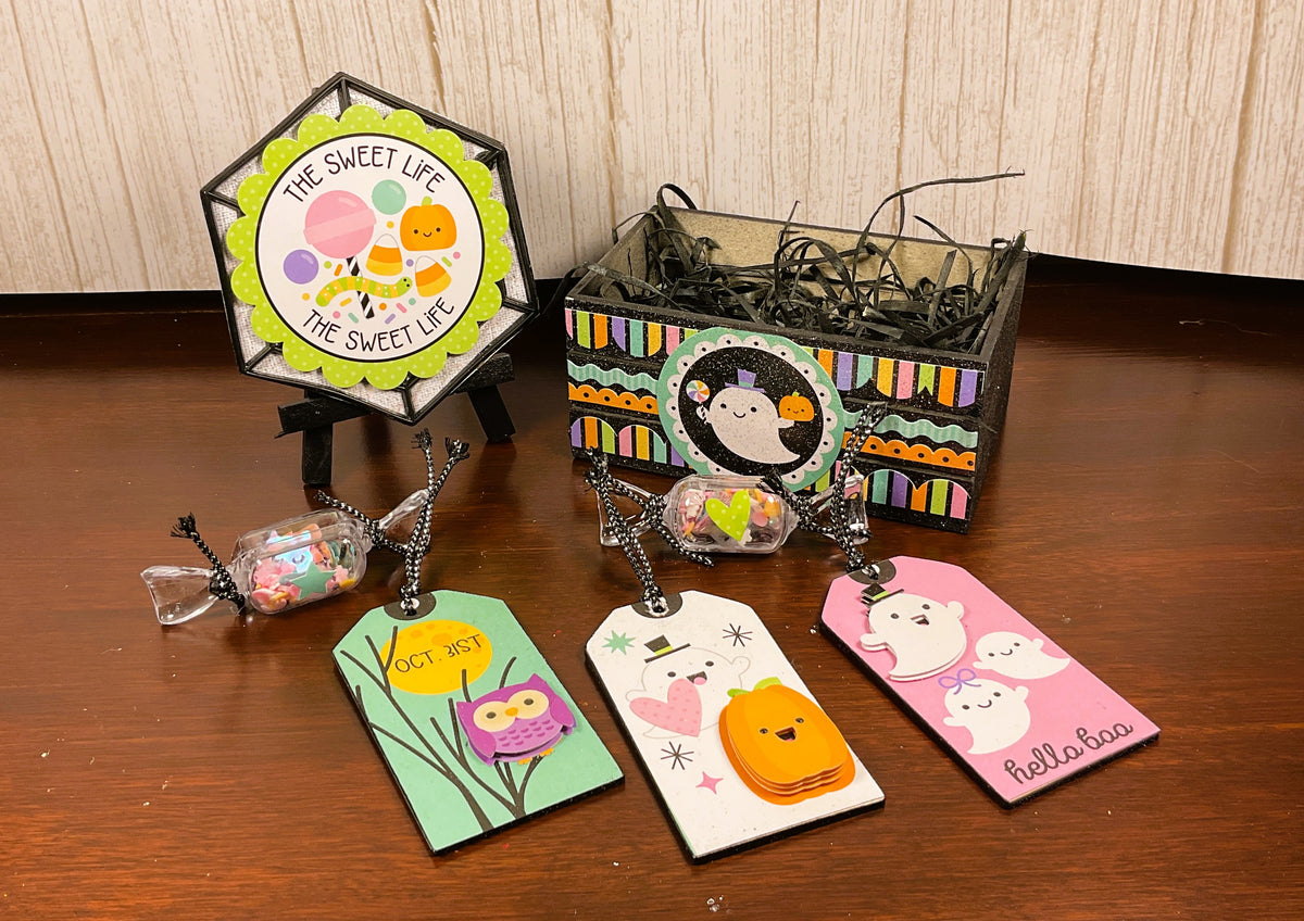 AGSD Halloween Decor - Trendy Pink Cute Candy Ghost Theme Tier Tray 7pc Set