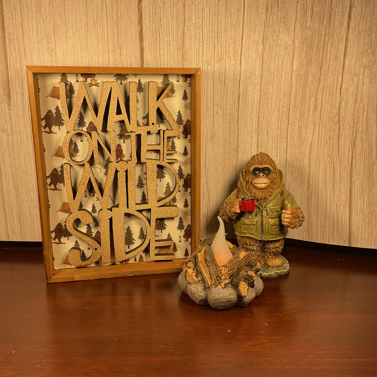 AGSD Home Decor - Hiking Wild Side Bigfoot Novelty Figurine LED Camp Fire & Sign