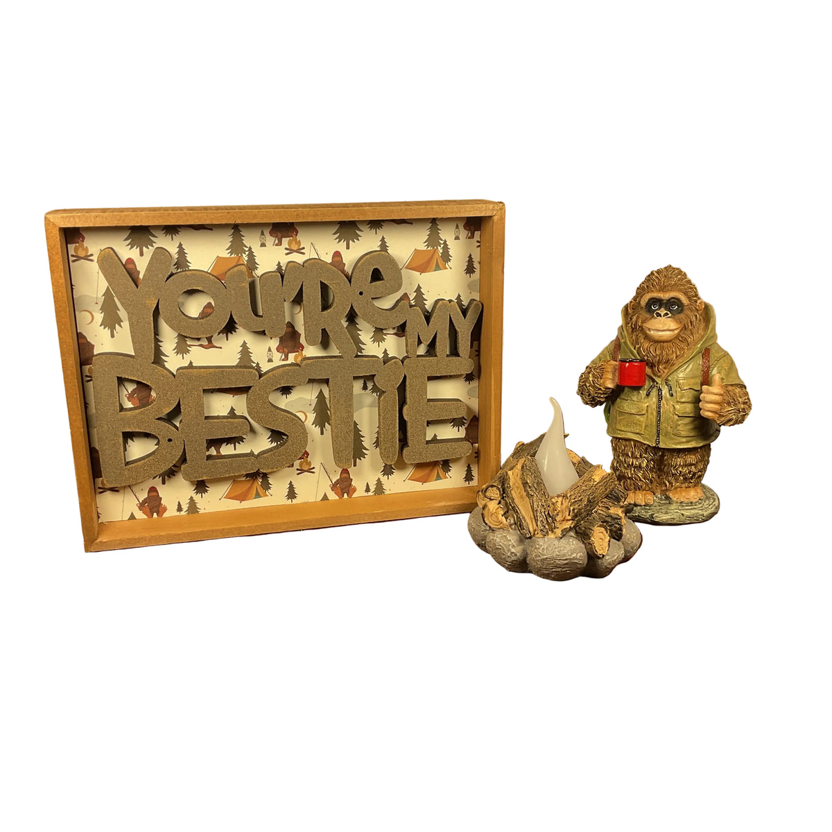 AGSD Home Decor - Hiking Bestie Bigfoot Novelty Figurine LED Camp Fire & Sign
