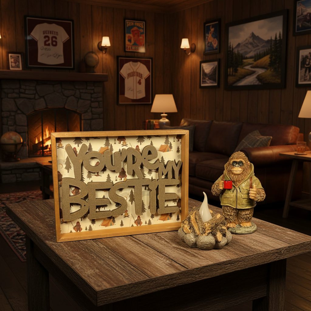 AGSD Home Decor - Hiking Bestie Bigfoot Novelty Figurine LED Camp Fire & Sign