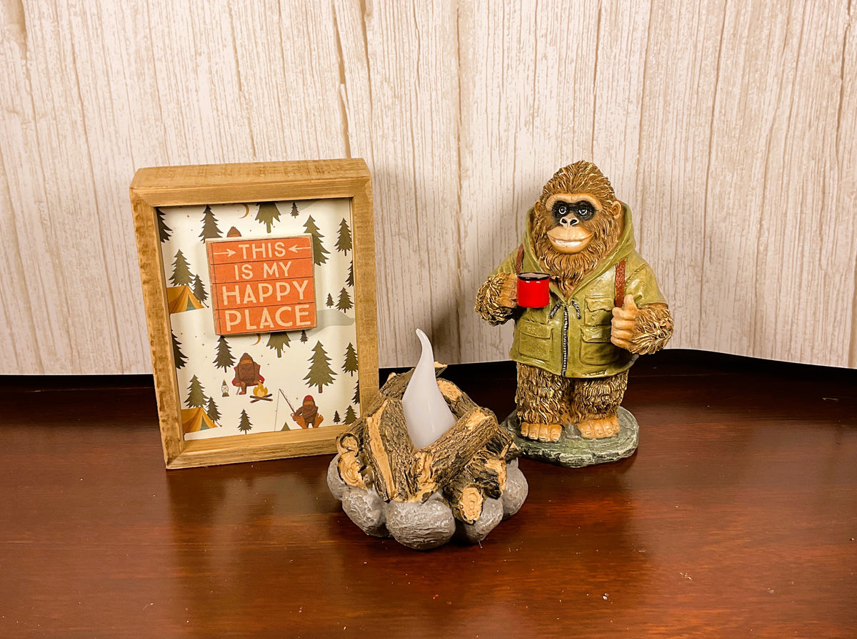 AGSD Home Decor - Hiking Bigfoot Sasquatch Novelty Figurine LED Camp Fire & Sign