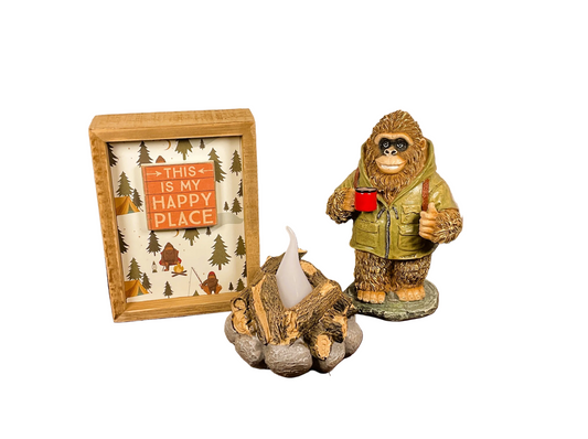 AGSD Home Decor - Hiking Bigfoot Sasquatch Novelty Figurine LED Camp Fire & Sign