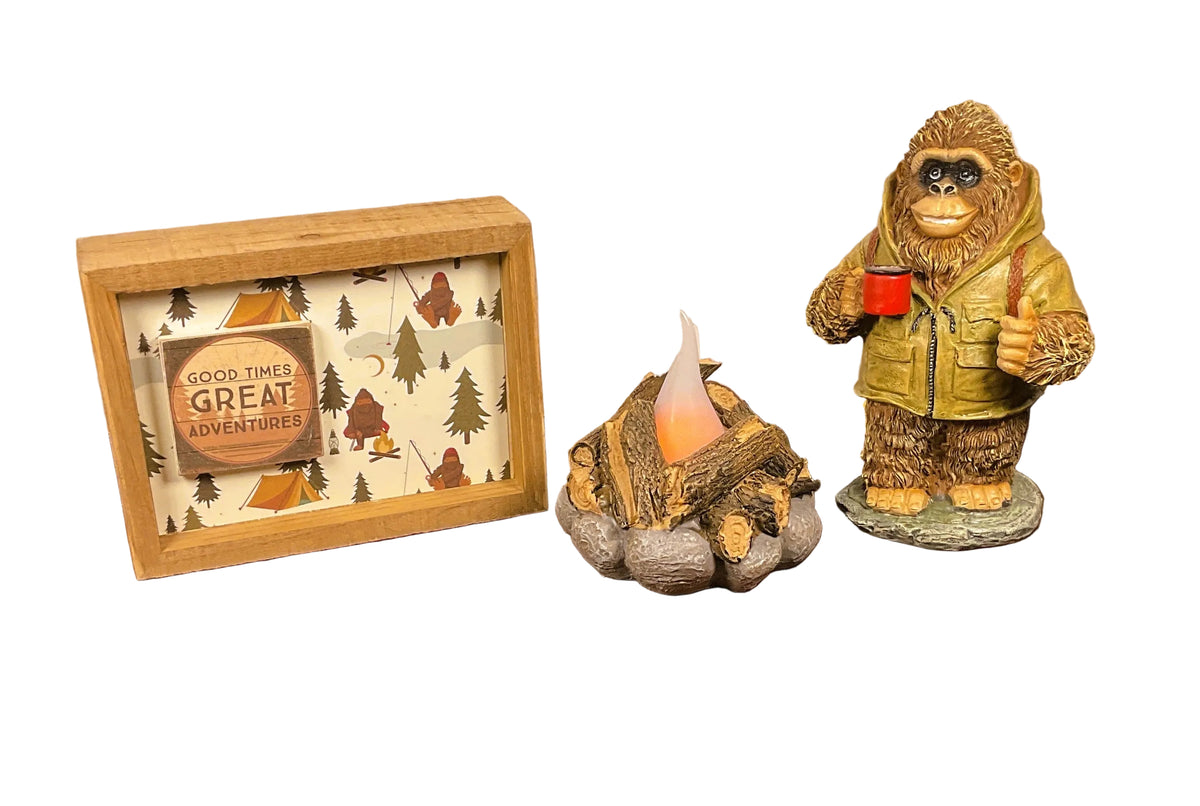 AGSD Home Decor - Hiking Bigfoot Sasquatch Novelty Figurine LED Camp Fire & Sign