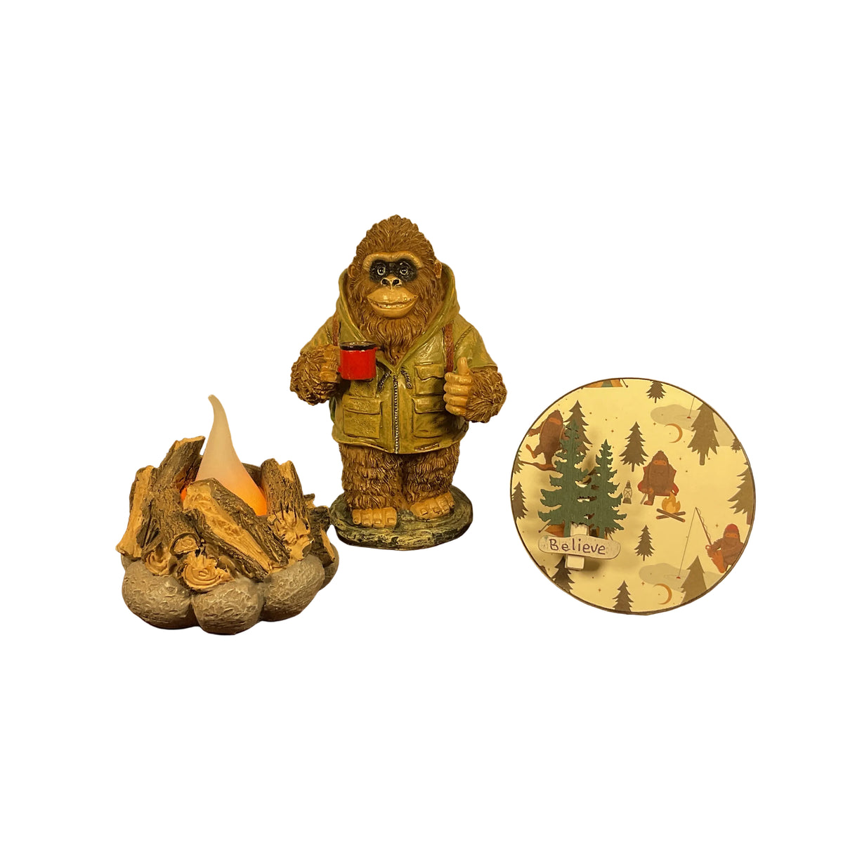 AGSD Home Decor - Hiking Bigfoot Sasquatch Novelty Figurine LED Camp Fire & Sign
