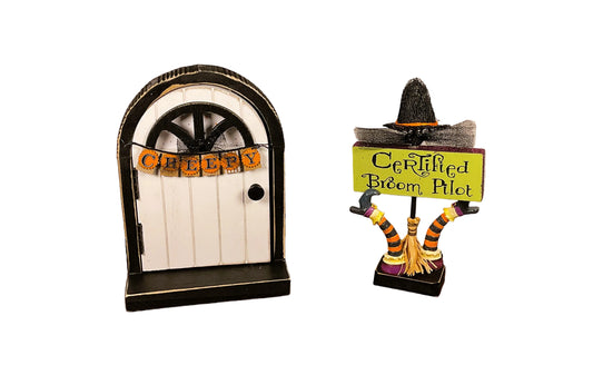 AGSD Halloween Decor - Fairy Garden Door Witch Broom & Hat 2pc Set