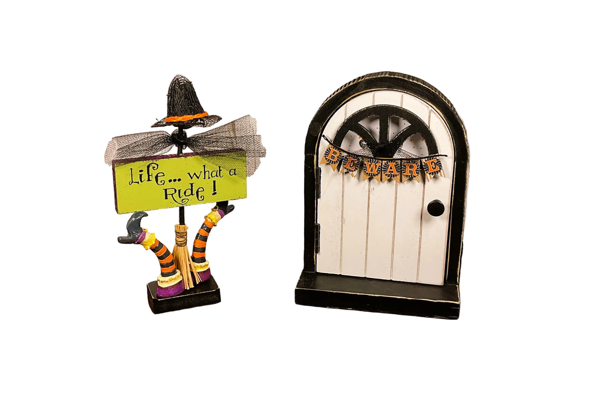 AGSD Halloween Decor - Fairy Garden Door Witch Broom & Hat 2pc Set