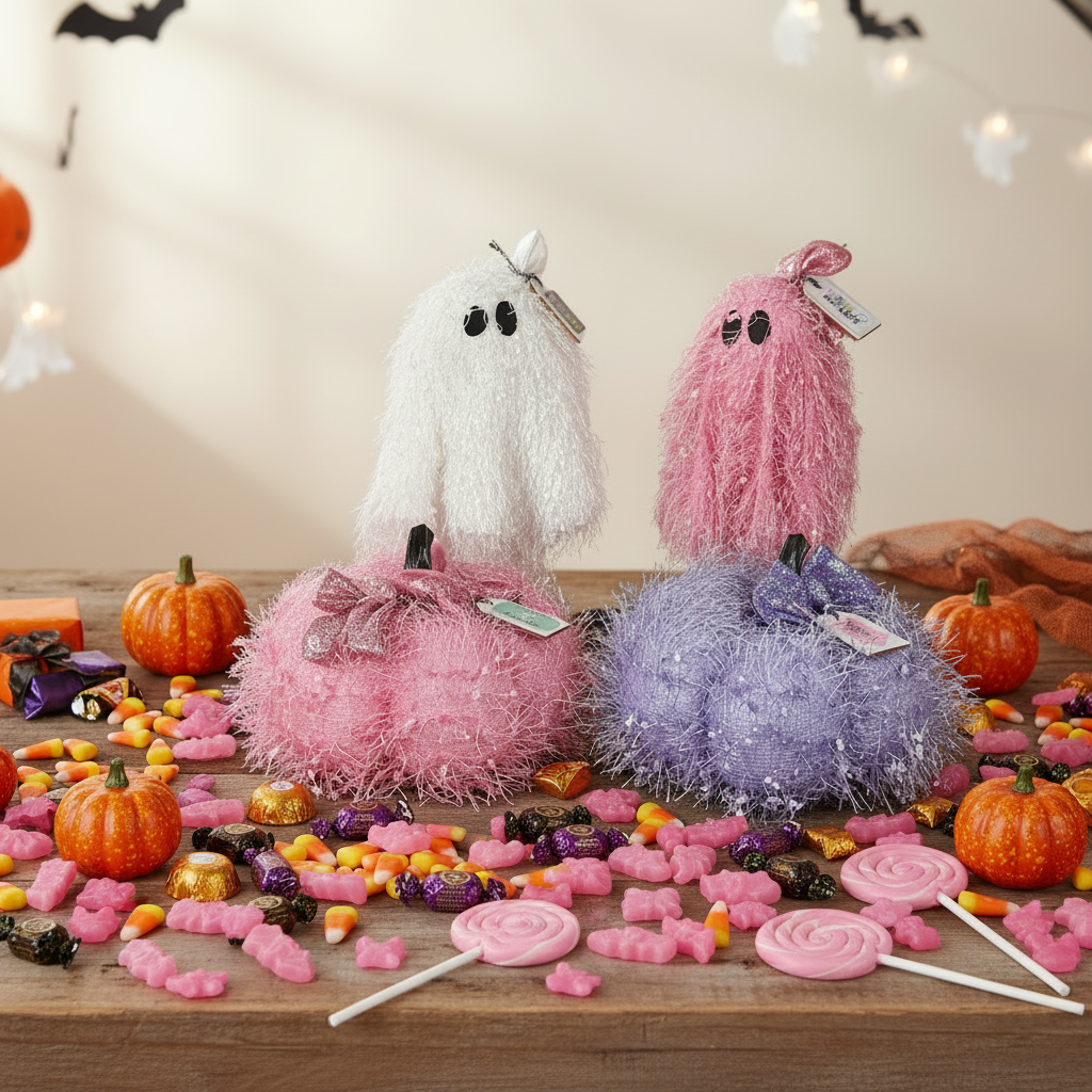 AGSD Halloween Decor - Trendy Pink White Standing Ghosts Pumpkins 4pc Set