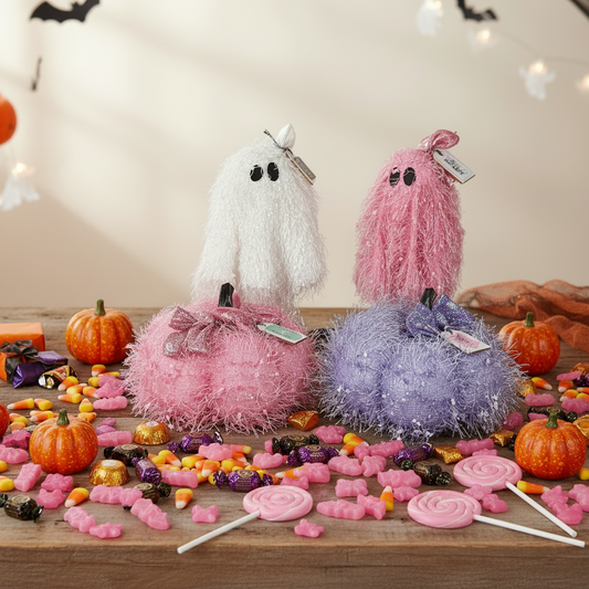 AGSD Halloween Decor - Trendy Pink White Standing Ghosts Pumpkins 4pc Set